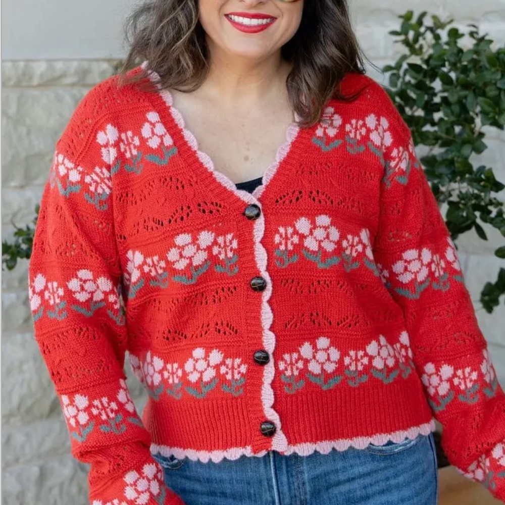 Very J Floral Red Cardigan Sweater - Picture 3 of 4
